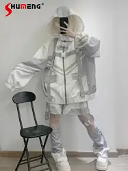 Original Japanese Mine Style Subculture Harajuku Punk Stripe Splicing Function Sportswear Hooded Zipper Jacket Coat Women Autumn