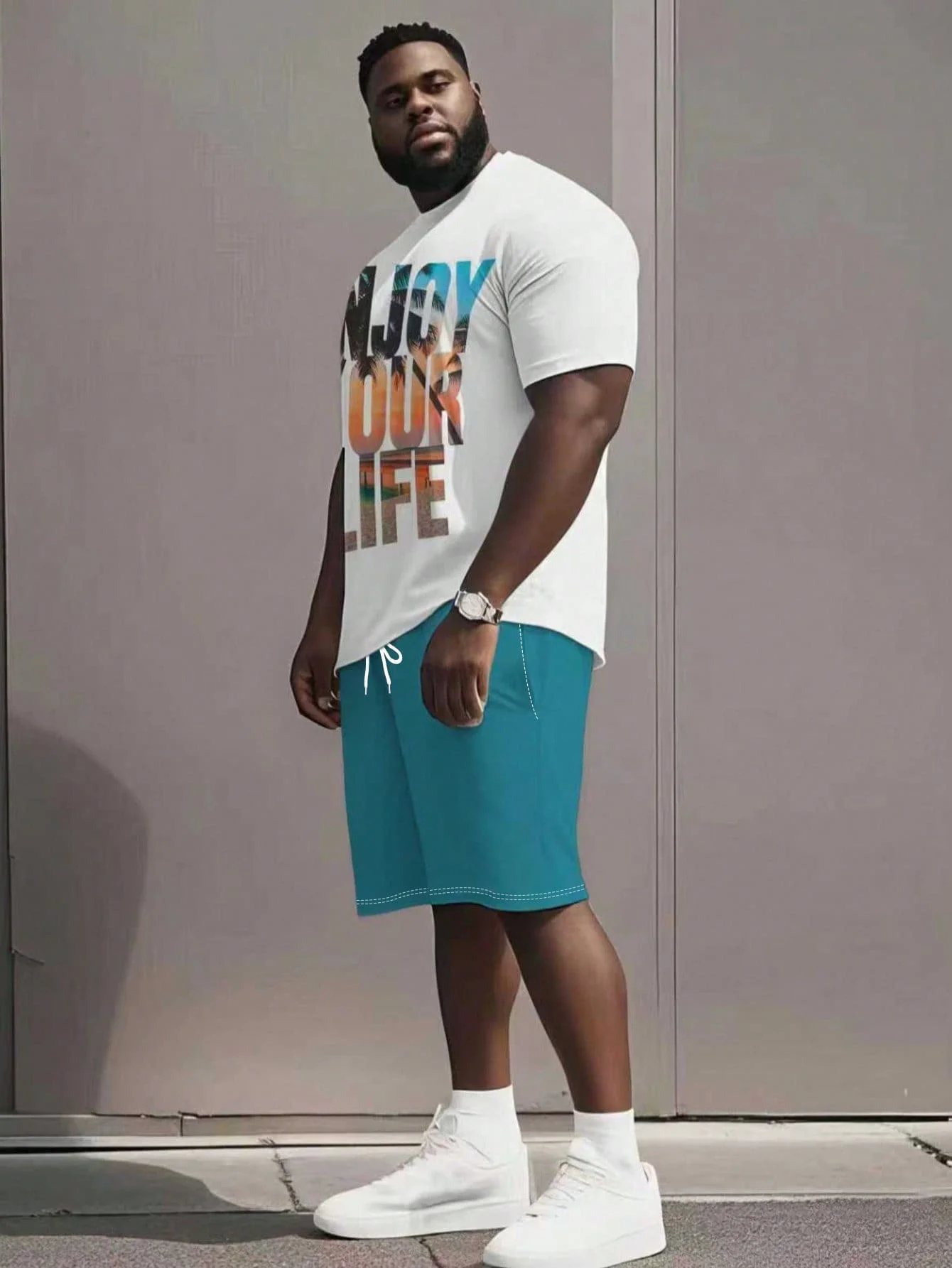 

Men's Plus Size Casual Sports T-Shirt And Shorts Set Gradient Print Round Neck Knit Spandex Blend