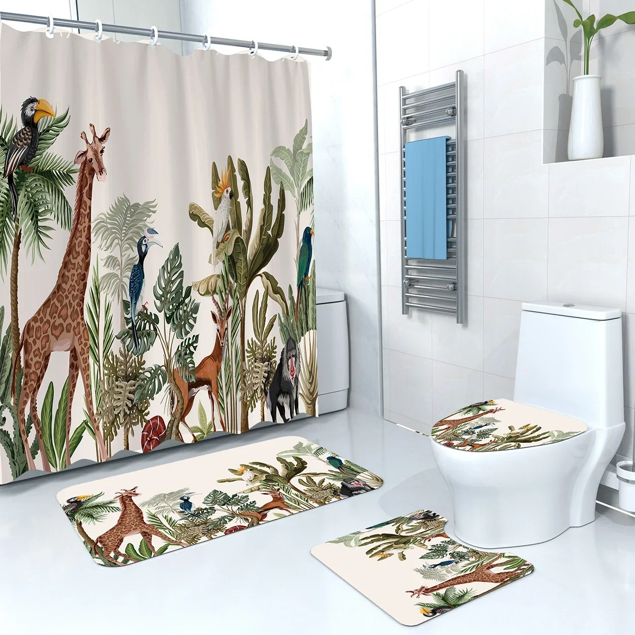 Waterproof Plant Creature Landscape Fabric Bathroom Shower Curtain Set Durable Shower Curtain Set 4pcs