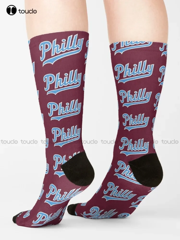 Philly Script - Burgundy Socks Sports Socks Christmas Gift Unisex Adult Teen Youth Socks Custom 360° Digital Print Women Men