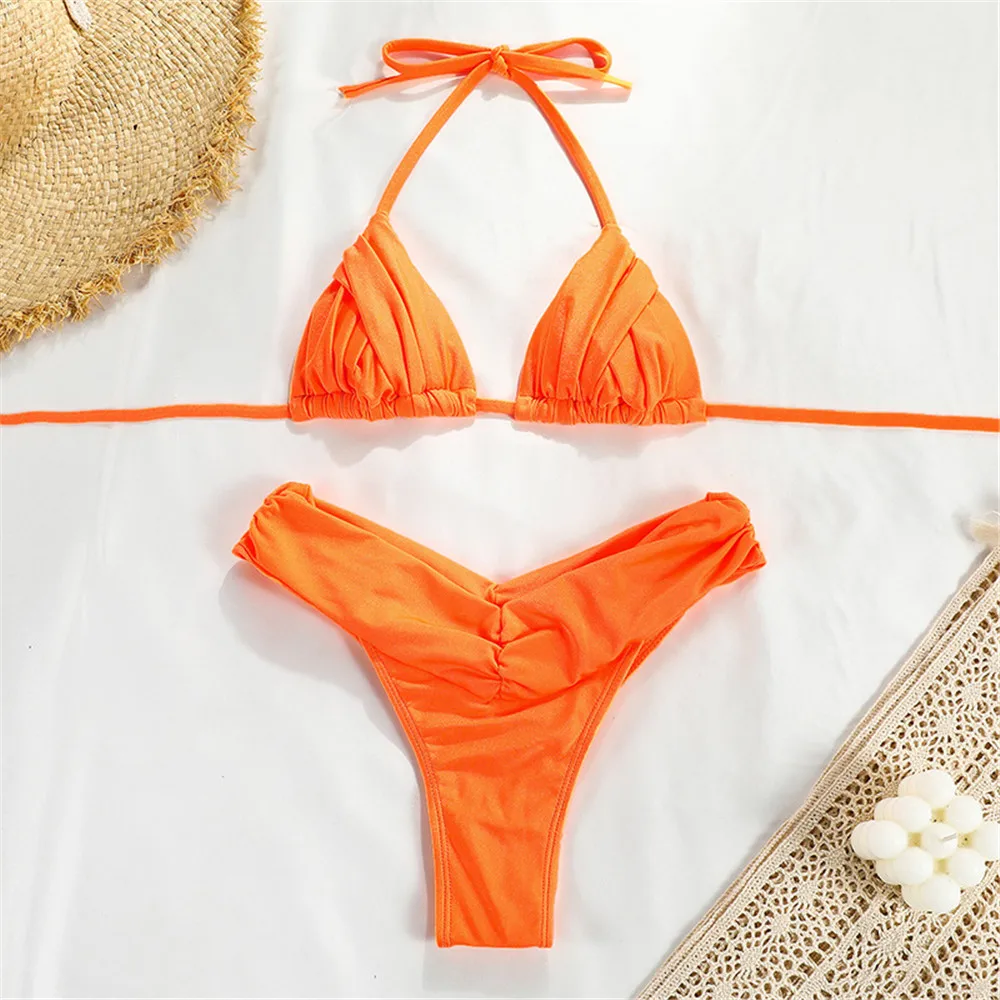 Sexy Purple Ruched Triangle String Halter Bikinis Sets Swimsuit 2024 Women Mini Swimwear High Cut Bathing Suit Pink Bikini Mujer