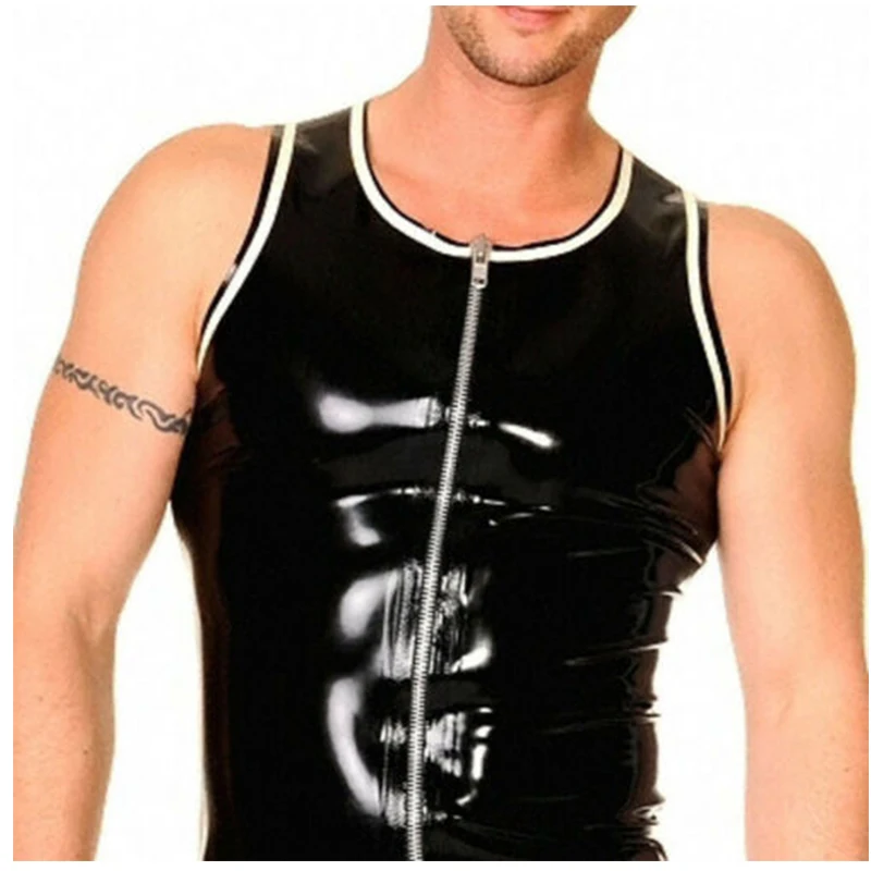 

Latex T-shirts Sleeveless Men's Tops Front Zipper Cool Trims Sexy Customize .4mm