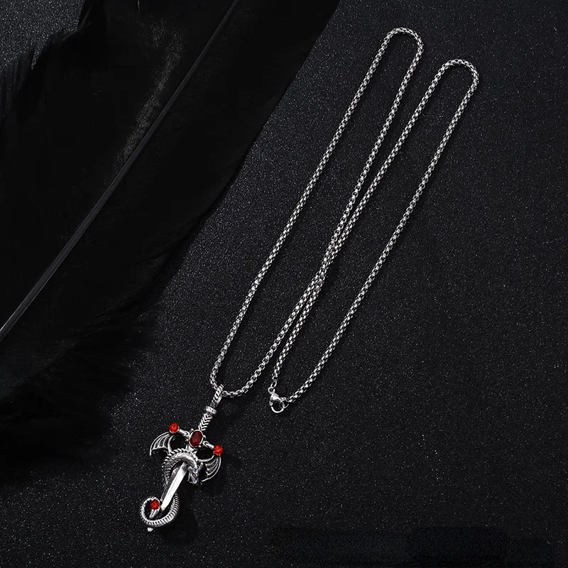 Personality Goth Punk Ajatar Cross Sword Pendant Necklace Dragon Chain Neck for Men Women Party Jewelry Accessories