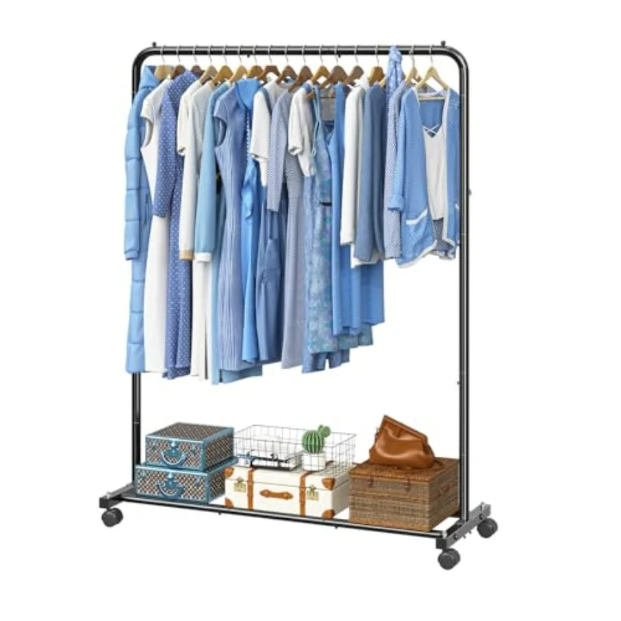 

Clothing Rack for Hanging clothes, Portable Garment Rack with Bottom Shelf, Metal Clothes Rack on Wheels for Bedroom, Laundry R