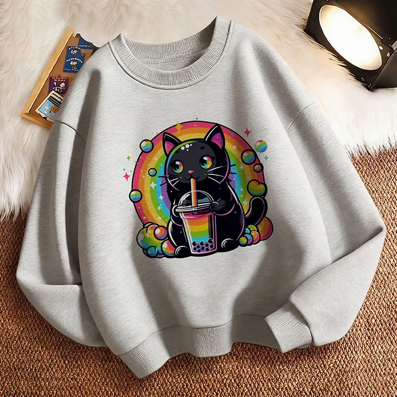 Kawaii Cat Drinking Juice with Rainbow Design Children's Pullover Hoodie Sweatshirt Cute Hoody Girls Spring Casual Hoodies