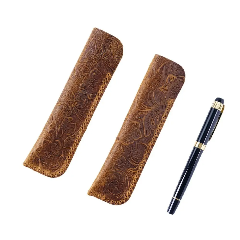 Retro Genuine Leather Pen Bag Creative New Brown Embossing Flower Pen Pouch Gift Protection Case Portable Storage Bag