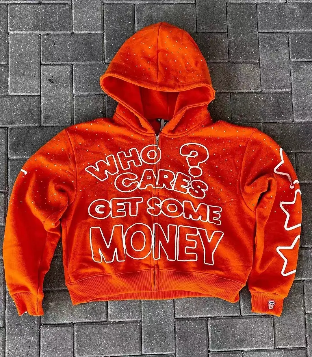 Who Cares Get Some Money Applique Printed Zip Hoodie Y2K Womens Graphic Sweatshirt Retro Streetwear Man Casual Hooded Sweatshirt