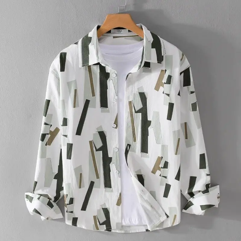 Summer Men's 2024 New Splicing Square Collar Button Pocket Printed Trendy Minimalist Casual Loose Fashion Long Sleeve Shirts