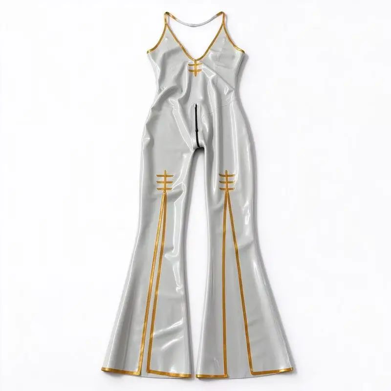 Glossy Natural Latex Halter Flare Jumpsuit, Hand Bonded Bodysuit With Gold Trim, Custom Latex Catsuit
