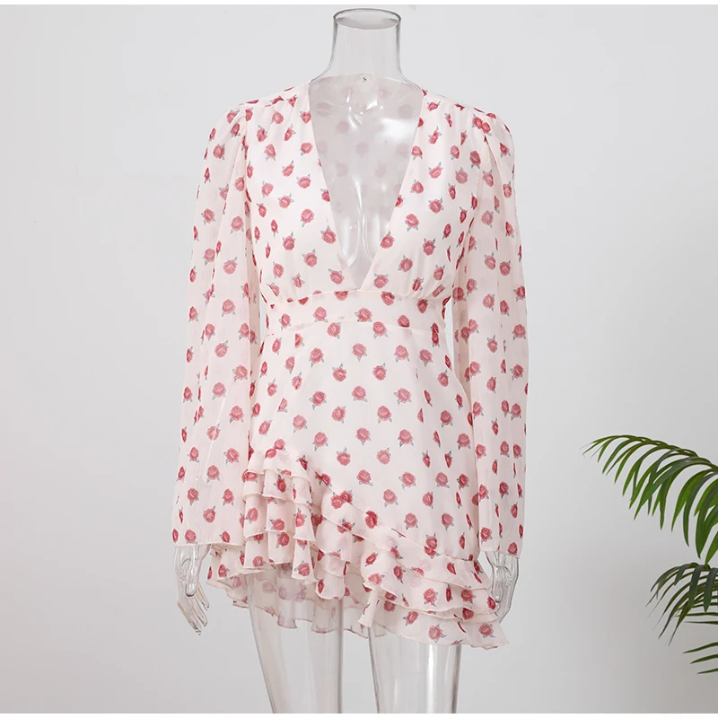 Lady Flare Puff Sleeve V Neck Mini Dress Women Floral Print Sexy Ruched Hem Bodycon Chic Dresses 2026 Party Summer Gowns Petite Se04fa651366a413e873db4d10e16436ap