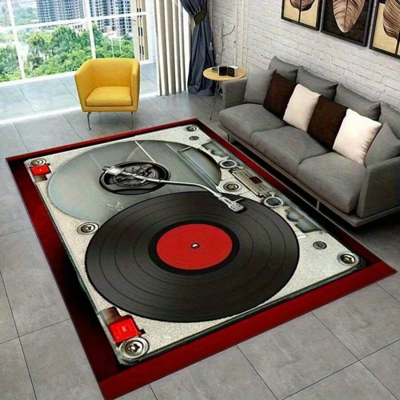 Large Non-Slip Floor Mat Mat - Wide Vinyl Record Design (Red, Soft Polyester Mat For Living Room, Bedroom, Kitchen, Office