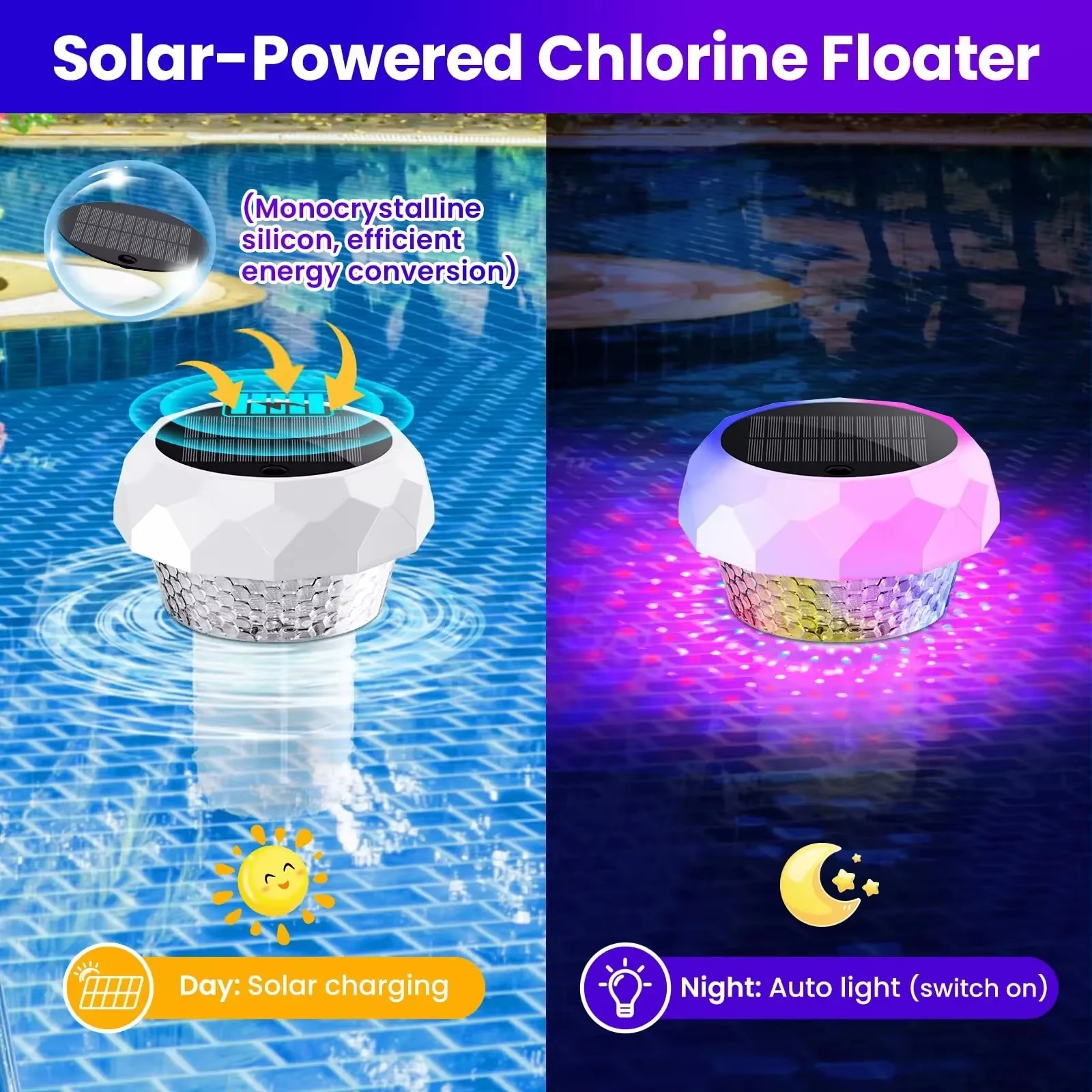 Solar Pool Chlorine Floater, Pool Lights That Float with Remote Control, 8 Lighting, Timing Mode IP68 Waterproof for Pool Party