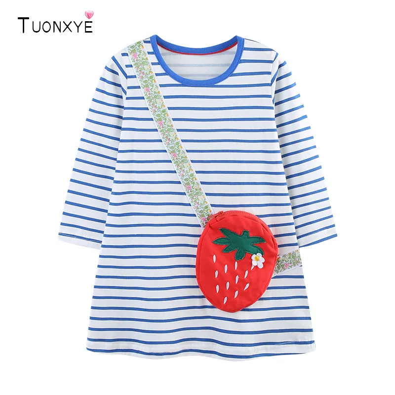 TUONXYE Cotton Toddler Girls Long Sleeve Dress Stripe Kids Casual A‑Line Dresses Strawberry Pocket Crossbody Bag Autumn Clothes