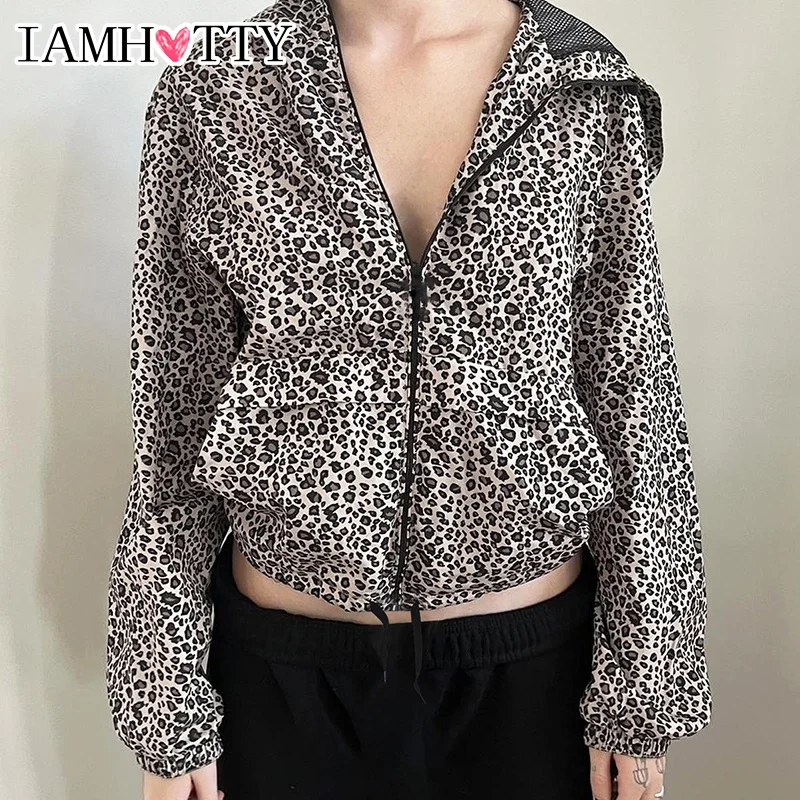 IAMHOTTY Leopard Print Hoodie Vintage Zipper Loose Hooded Sweatshirts Grunge Style Drawstring Cardigan Autumn Y2K Thin Jackets
