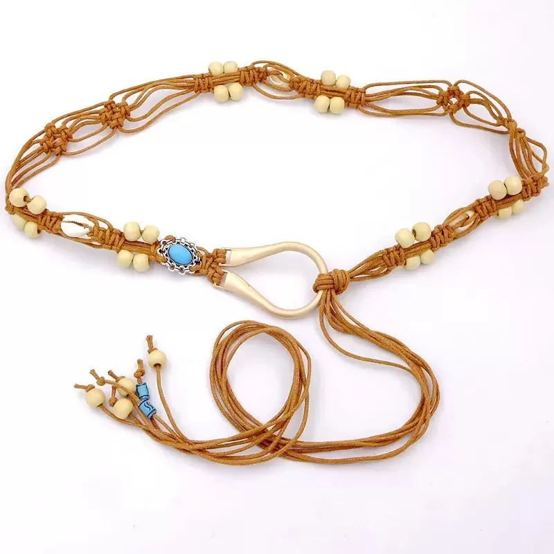 Boho Woven Waist Belt for Dress – Shell Bead Chain with Alloy Buckle, Vintage Ethnic Sash for Beach & Daily