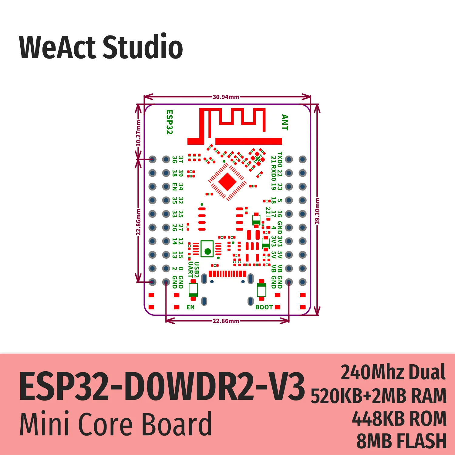 WeAct ESP32 ESP32-D0WDR2-V3 Papan Pengembangan Papan Inti Papan Demo TYPE-C CH340K WiFi + Bluetooth Dual Core