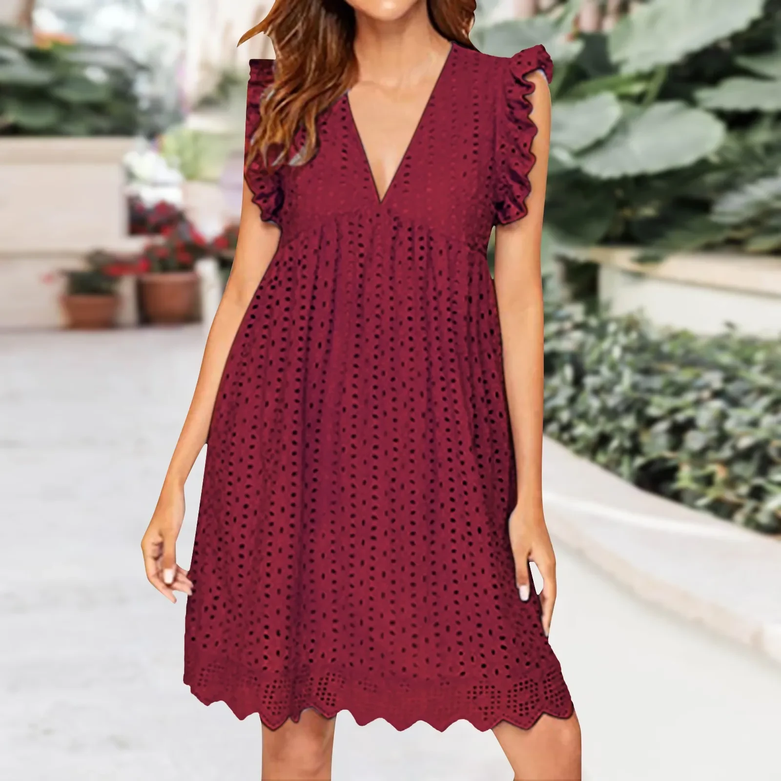 

Hollow Out Sexy Lace Mini Dresses For Women 2023 V-neck Ruffle Sleeves A-line Sundress Summer New With Pocket And Shorts