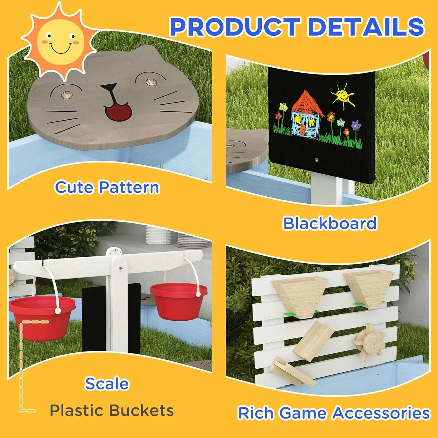 Kinder Holz Sandkasten, große Outdoor-Sand kästen mit 6 Tier gemusterten Sitzen, Wasser & Sand Spielzeug, Eimer, Tafeln, Sandgrube f