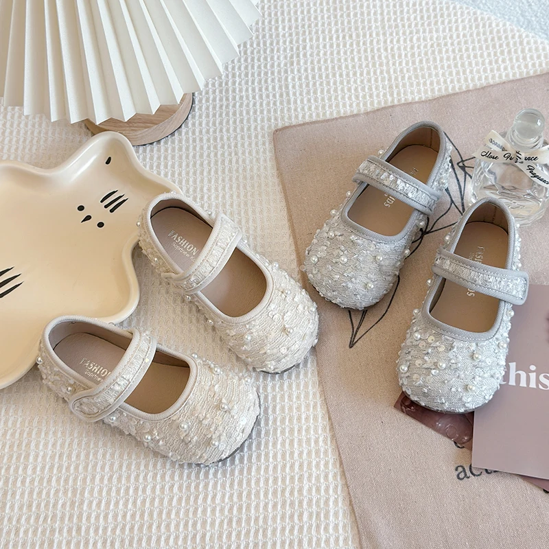 Girls Flats Round Toe Soft Sole 2025 New Kids Dance Shoes Fabric Sequin Trendy Toddler Girl Princess Shoes Soft Sole Ballet Shoe