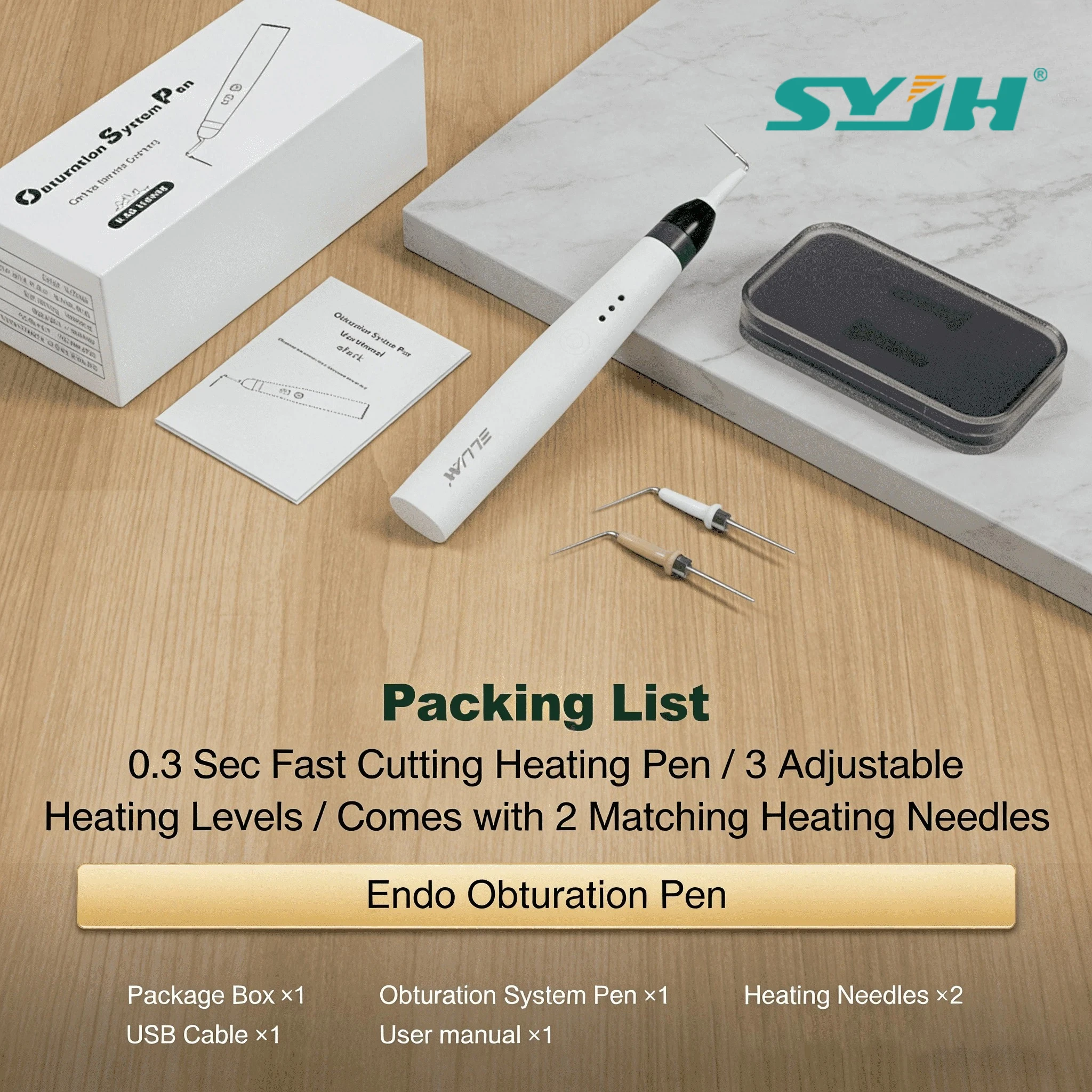 SYJH Dental 0.3 Sec Fast Cutting Heating Pen with 2 Needles Root Canal Heated Gutta-Percha Obturation 3 Adjustable Levels Tools