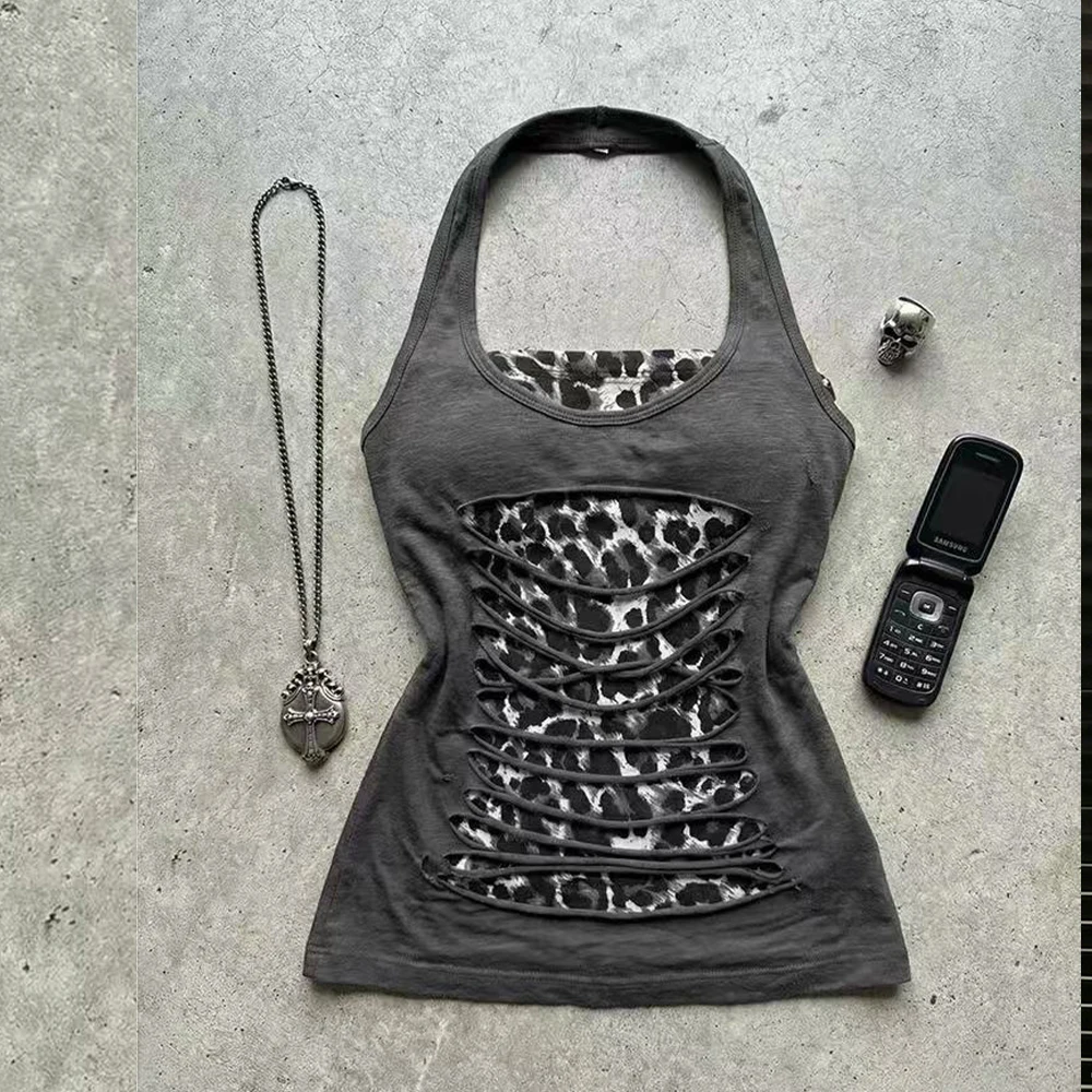 

Retro Sexy Style Spicy Girl Hanging Collar Vest Top Summer Women's Design Sense Fashionable Top Retro Gray Patch Leopard Print