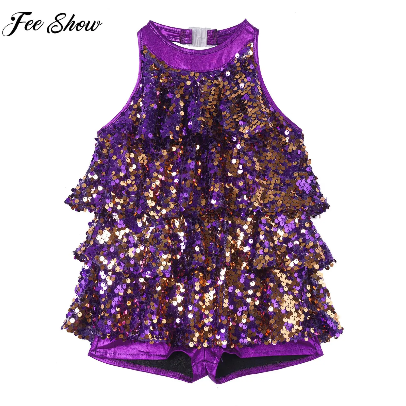 4-16Y Girls Modern Ballet Jazz Latin Dance Cha-cha Skating Performance Costume Halter Sleeveless Shiny Sequin Leotard Dress