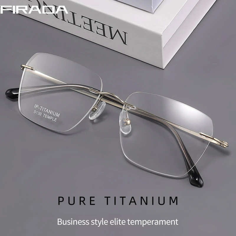 

FIRADA Fashion Comfortable Eyeglasses Retro Pure Titanium Square Rimless Eyewear Luxury Prescription Glasses Frame For Men S130E