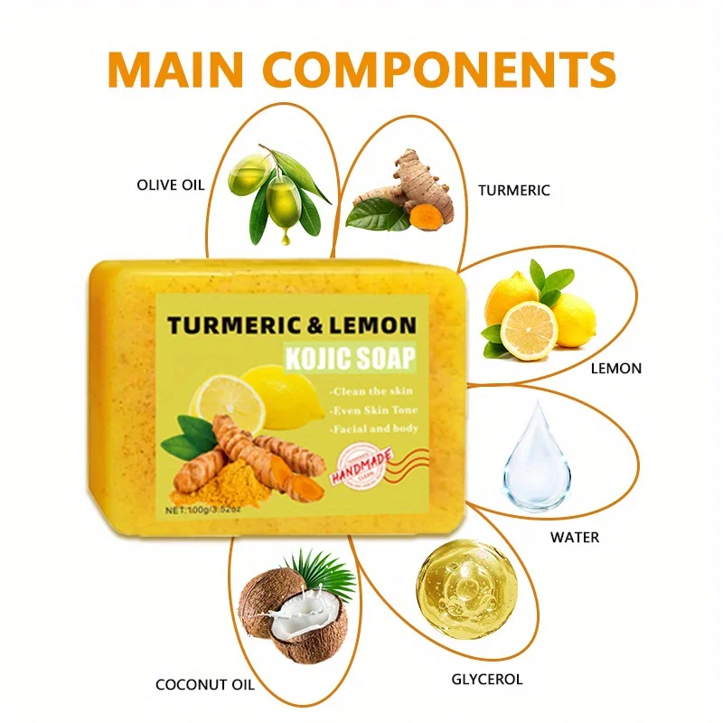 3PCS Lemon Turmeric Kojic Acid Soap, Face and Bath 2-in-1, Deep Moisturizing and Moisturizing Skin Suitable for All Skin Types