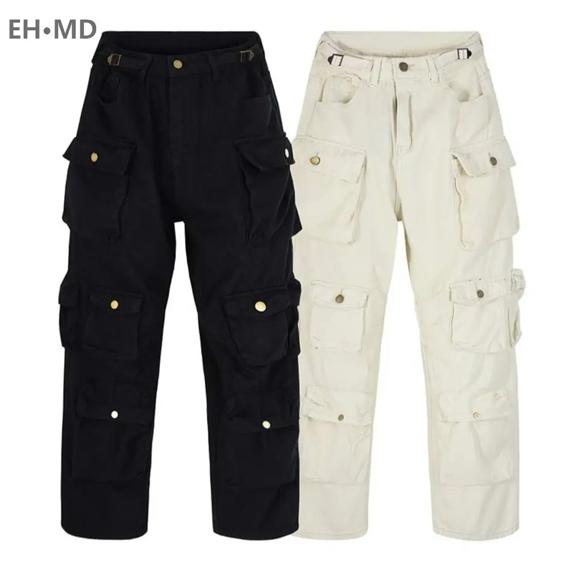 Multi Pocket Jeans Men's Metal Button Cargo Pants Loose Splice Zipper Slim European And American Fashion Versatile Cotton Solid