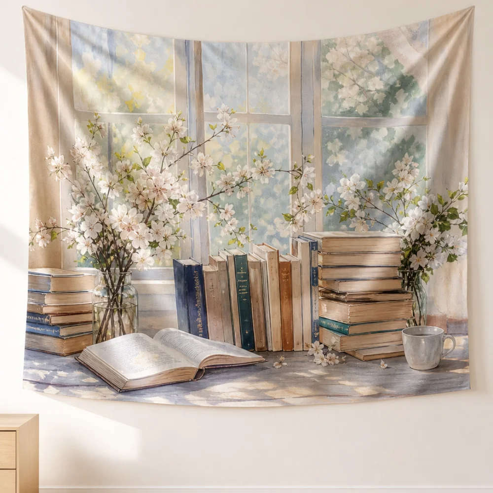Spring Window View White Flower Ancient Book 150X100CM Customizable Tapestry Suitable for Study Room Warm Wall Background Cloth
