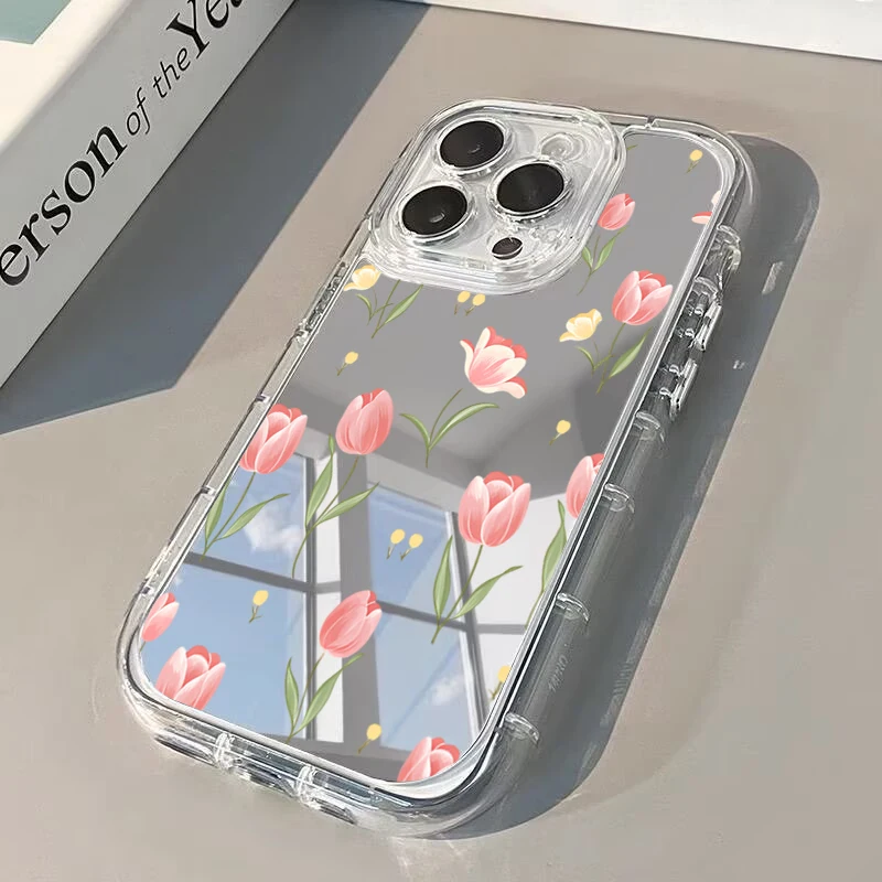 

Full-Screen Pink Tulips Phone Case For iPhone 17 Pro 16 15 14 13 12 11 Pro Max 16e X XR XS 7 8 Plus Mirror Shockproof Back Cover