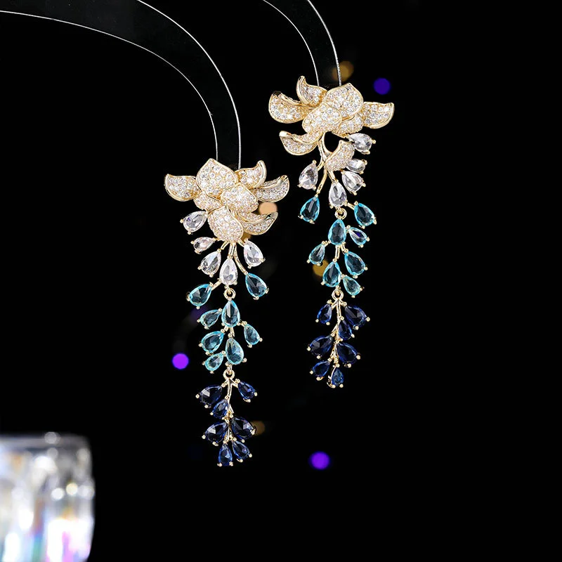 Spring and summer hot style zircon leaf wisteria flower earrings fashionable bridal wedding earrings earrings accessories