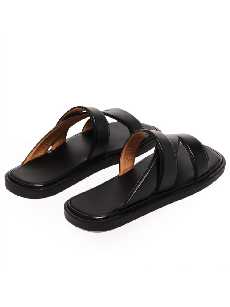 Summer New Men Genuine Leather Slides Outside Cowhide Beach Slippers Flats Open Toe Antiskid Platform Shoes Comfortable Slippers