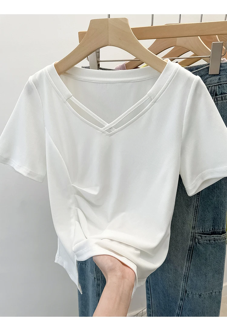 Top de talla grande para mujer, camiseta de manga corta Irregular, arrugada, con cuello en V, diseño francés, tiro Real, 2024