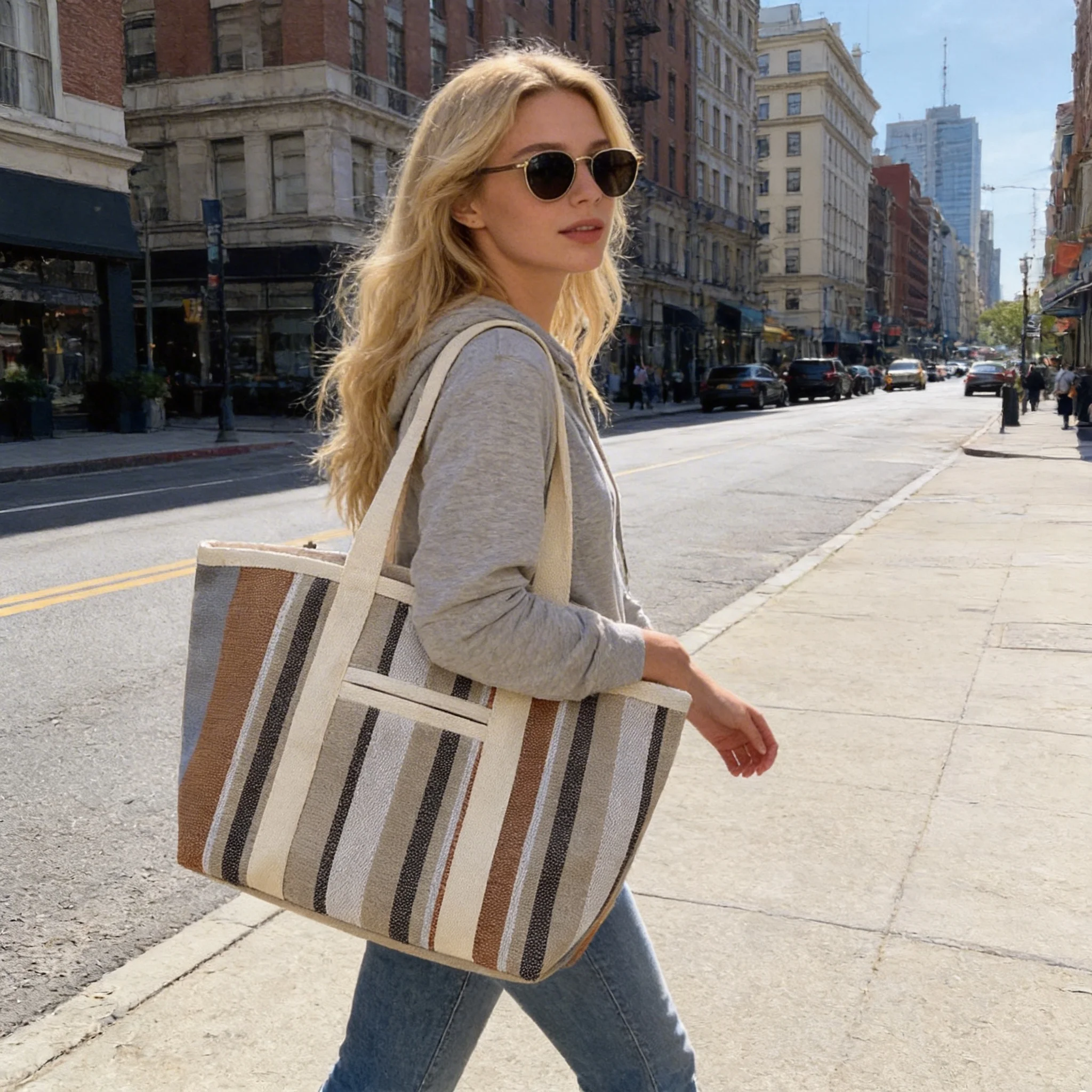 Sac tissé décontracté à rayures colorées et tendance, sac de shopping décontracté, sac fourre-tout