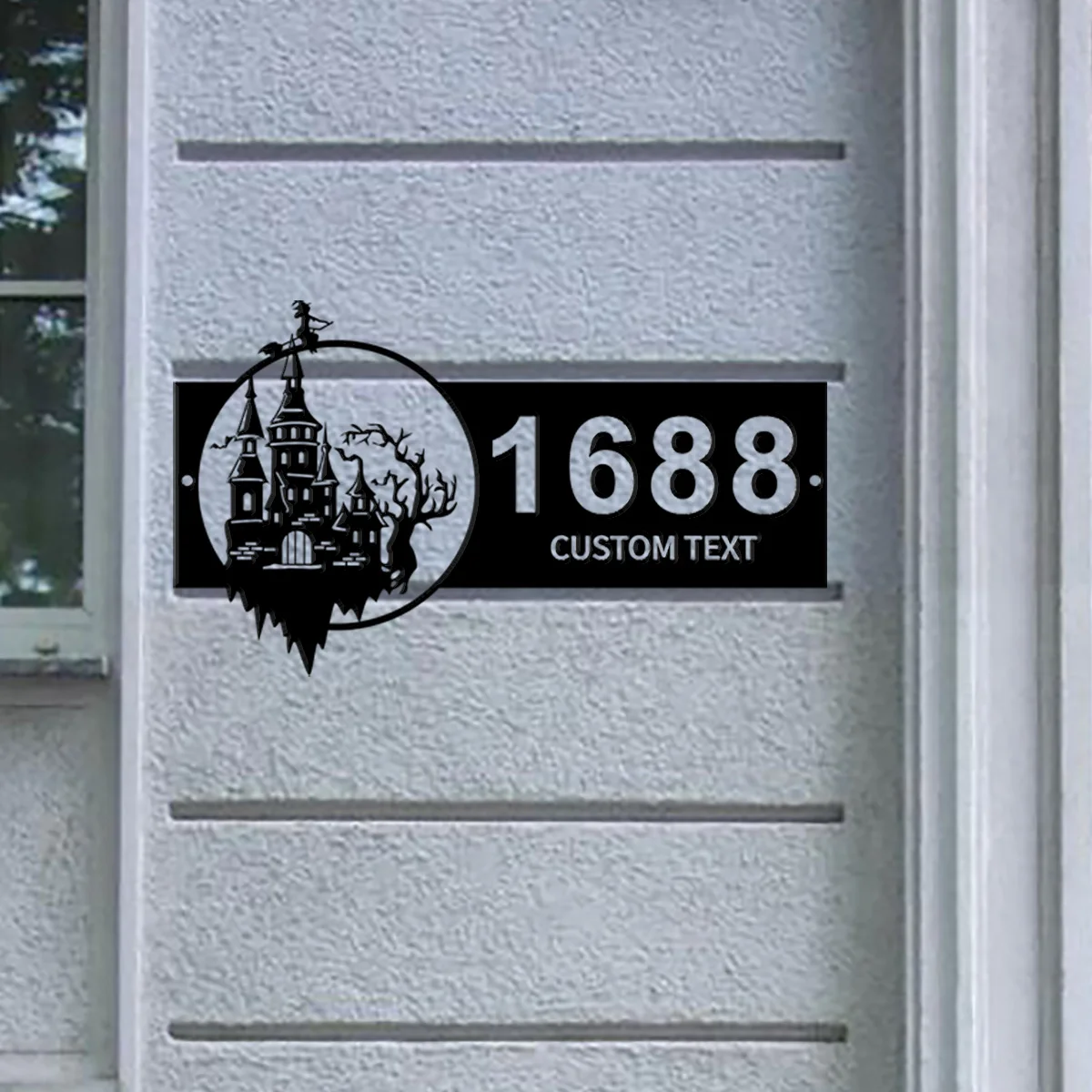 Custom Personalized Haunted Castle Flying Witch Halloween Metal Address Sign House number Hanging Address Plaque Yard Sign