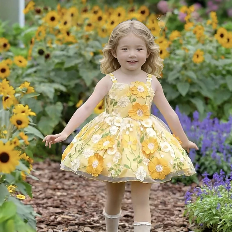 2026 Children Girls 3D Flower Sleeveless Dress Costume New Sweet Princess Gown Little Girl Tutu Pageant Birthday Party Outfit