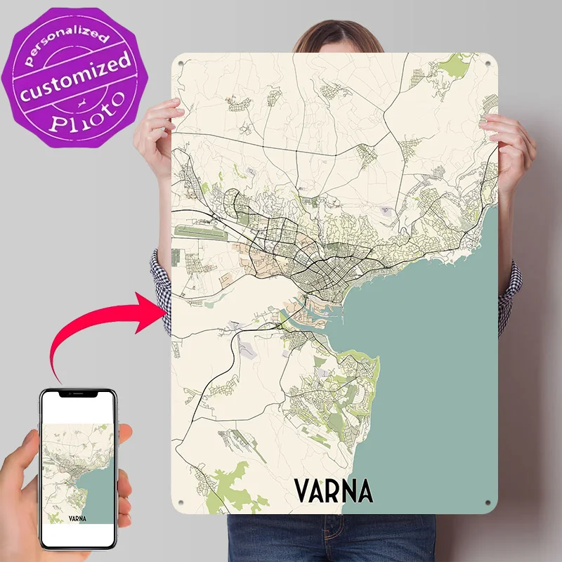 Varna City Map Personalized 3D Textured Metal Poster Wall Art Tinplate Sign for Vintage Decor Living Room Decoration Funny Signs