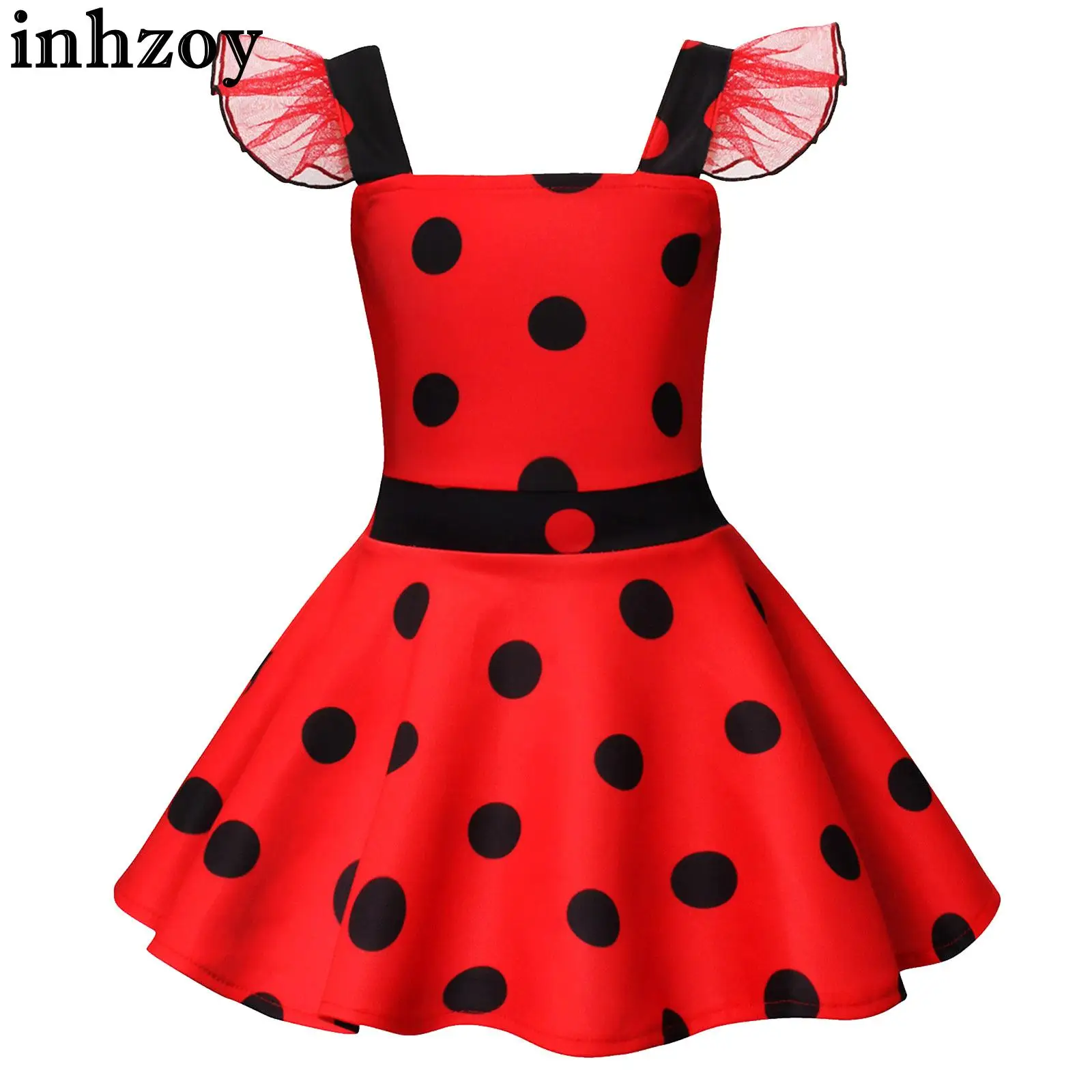 

Girls Halloween Cartoon Ladybug Cosplay Dress Mesh Flying Sleeve Polka Dots High Waist A-line Dress Dance Performance Costume