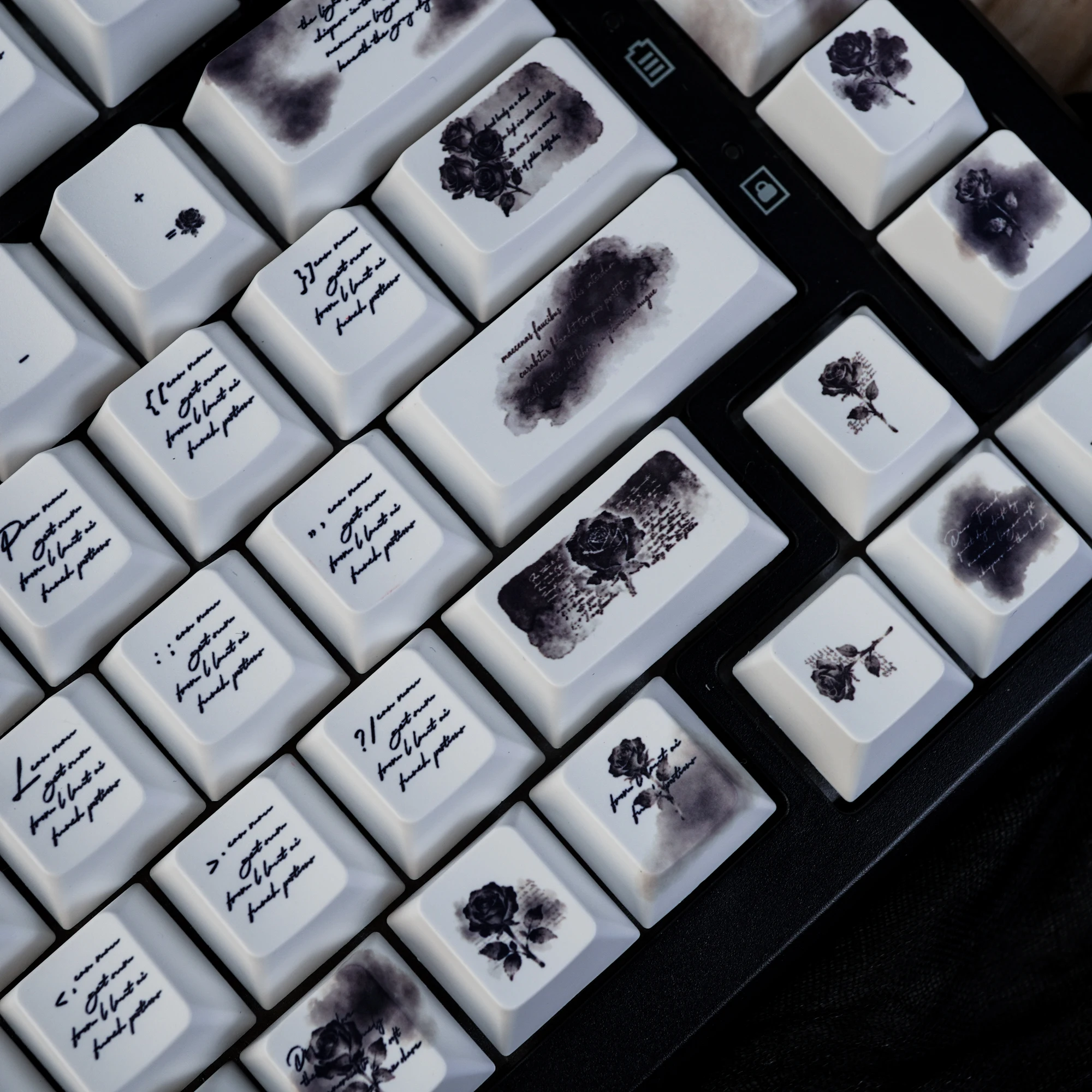 Black Rose Ink Wash PBT Keycap Set Cherry/MOA Profile Dye-Sub Custom Key Caps For MX Switches Mechanical Keyboard Gothic Decor