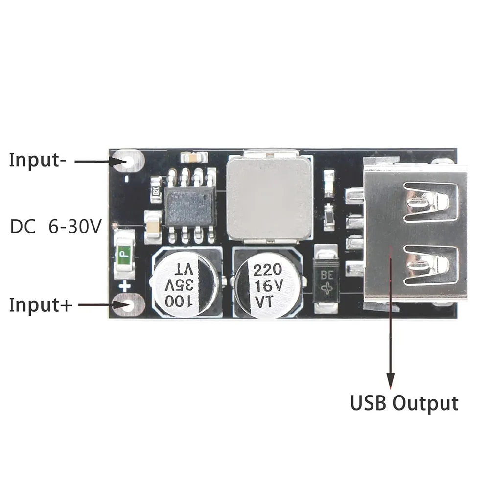 USB DC-DC Step-down Module for 6V-32V Input Range Delivering Stable 5V Output or Switching to 12V During Quick Charging Events