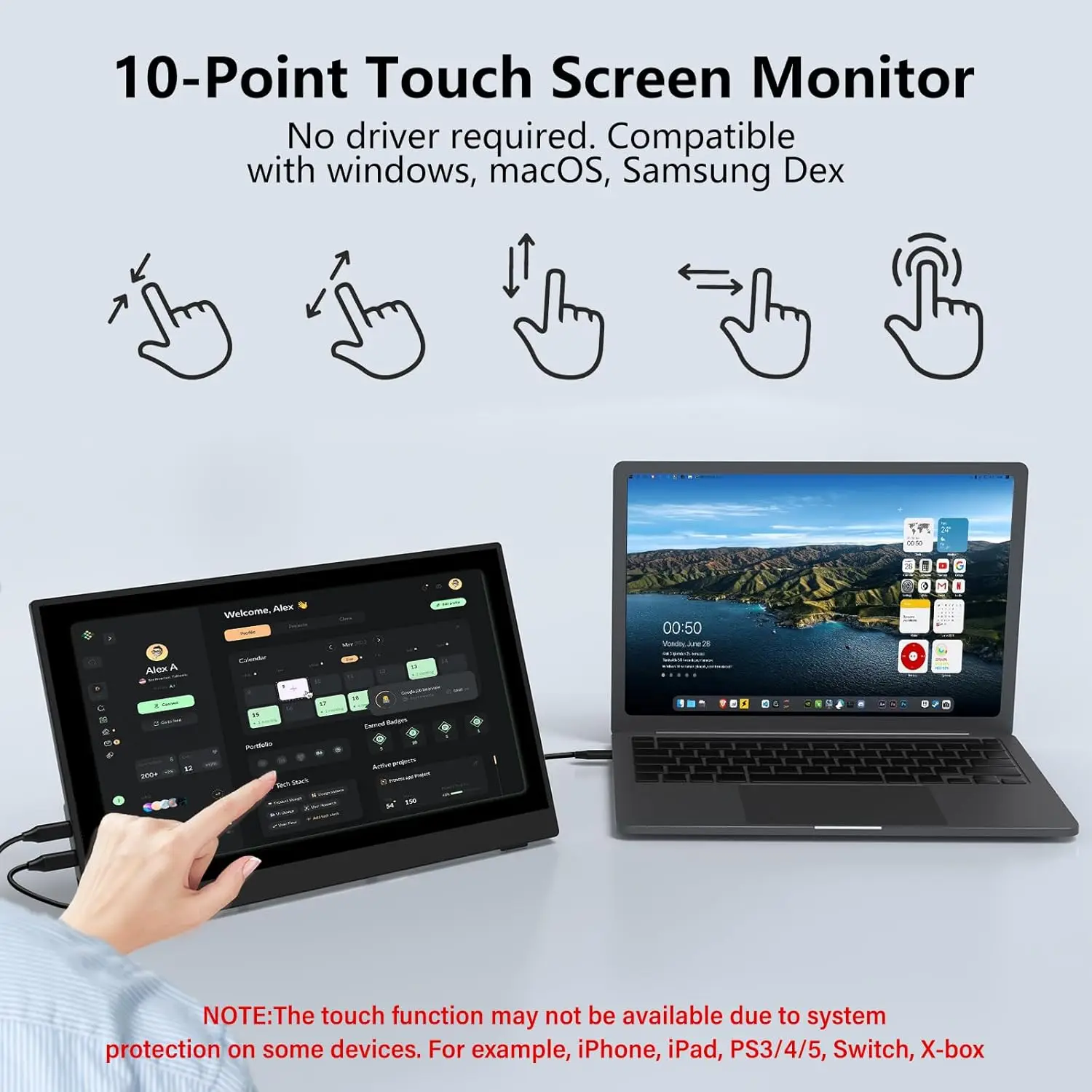 16 inch 1200P 100% SRGB HDR 10 Point Touch Screen Travel Monitor VESA Mounting Bracket, Suitable for Mobile Phones, PCs, and Mac view 5