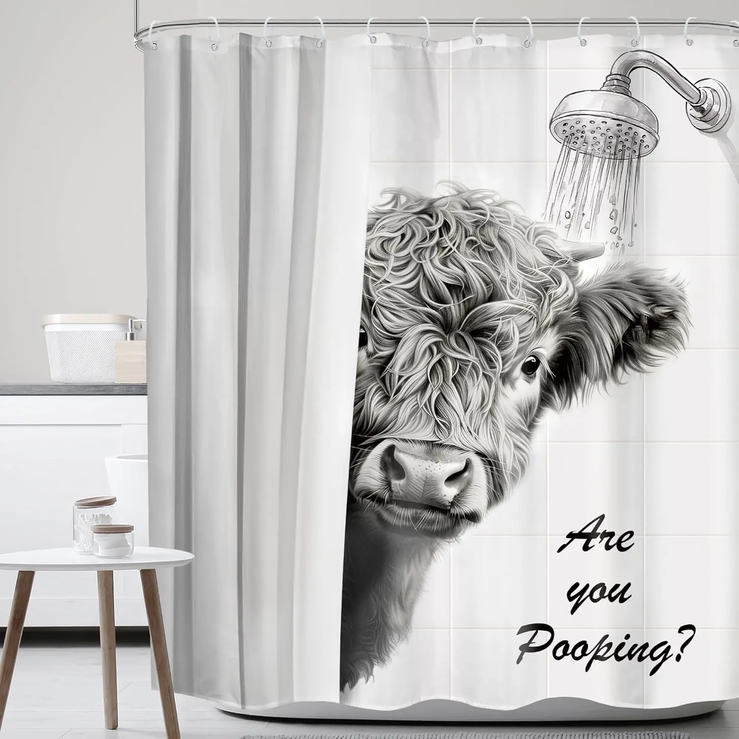 Funny Cow Shower Curtain Western Highland Cow Black White Farmhouse Farm Animal Bull Cattle Cute Fun Rustic Bathroom Decor