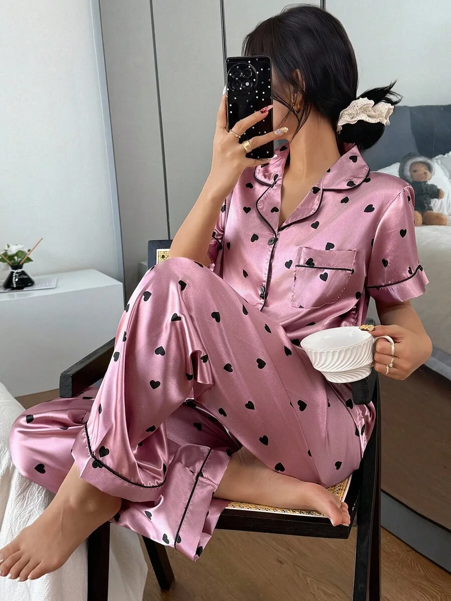 

Pink Heart Print Satin Pajama Set Women Short Sleeve Lapel Sleepwear Comfortable
