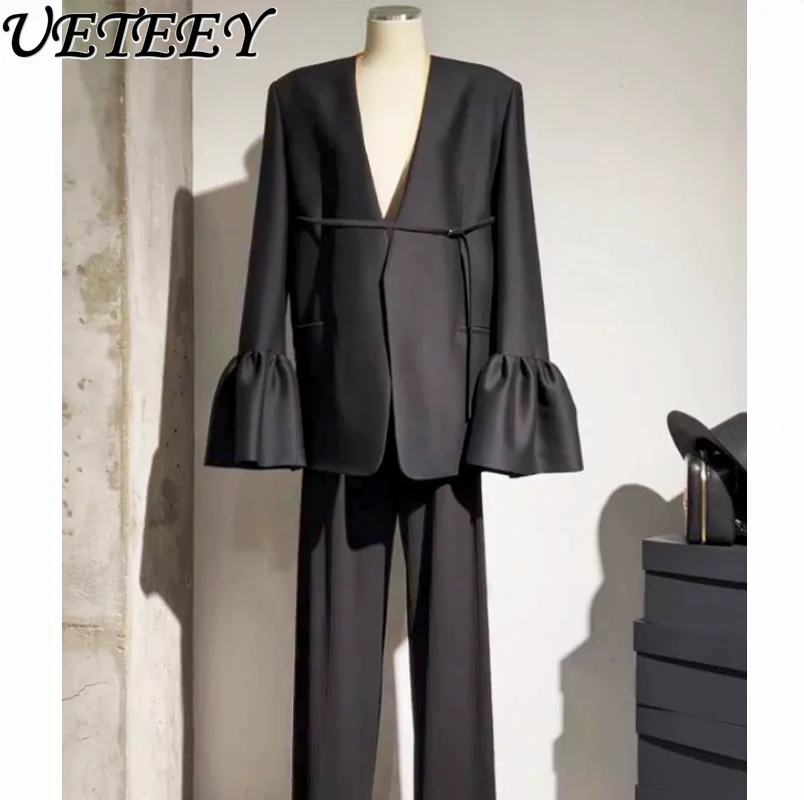 High-End Professional Goddess Temperament Suit Jacket Women Spring Autumn New Loose Straight Black V-neck Blazer Coat Outer Wear