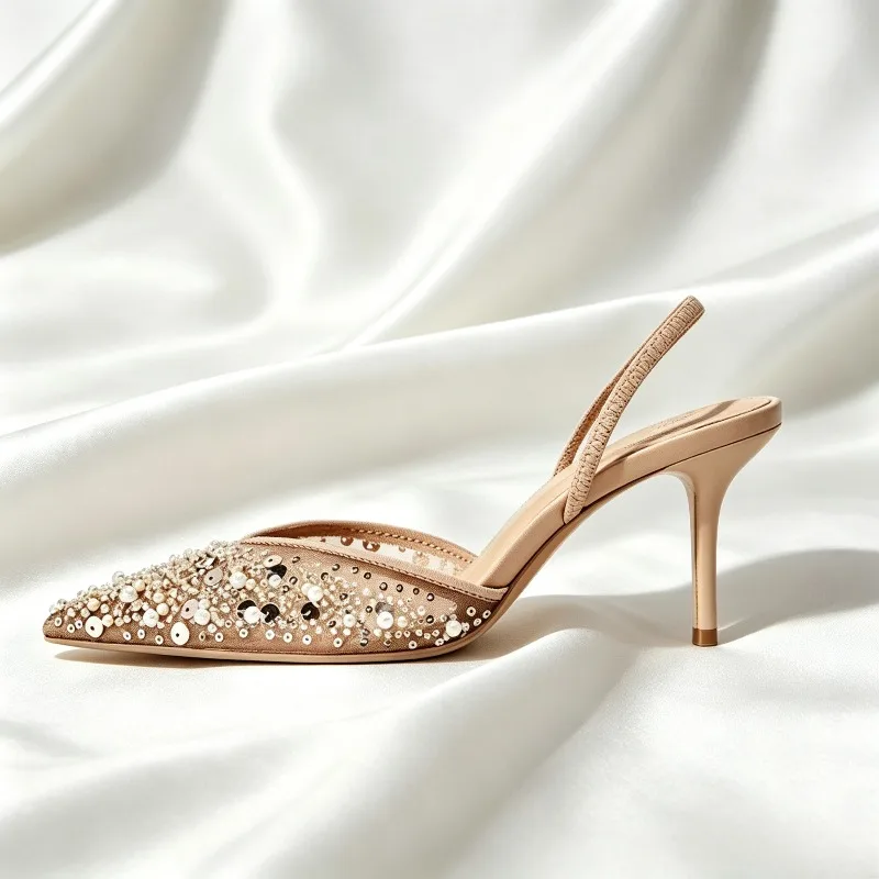 Luxury Bling String Bead Mesh Breathable Heeled Sandals Women Sexy Pointy Toe Designer Pumps Elegant Party Slingbacks High Heels