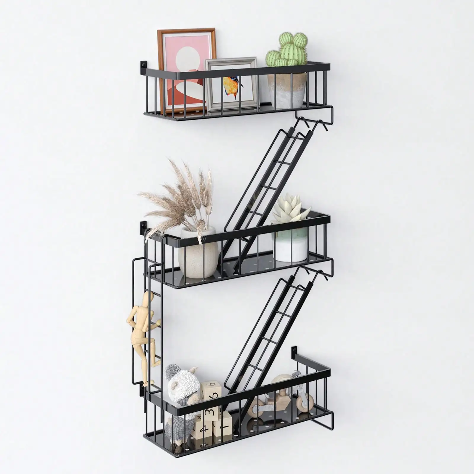

3-Tier New York Style Ladder Shelf - Black Metal Floating Storage & Display Rack For Home & Office