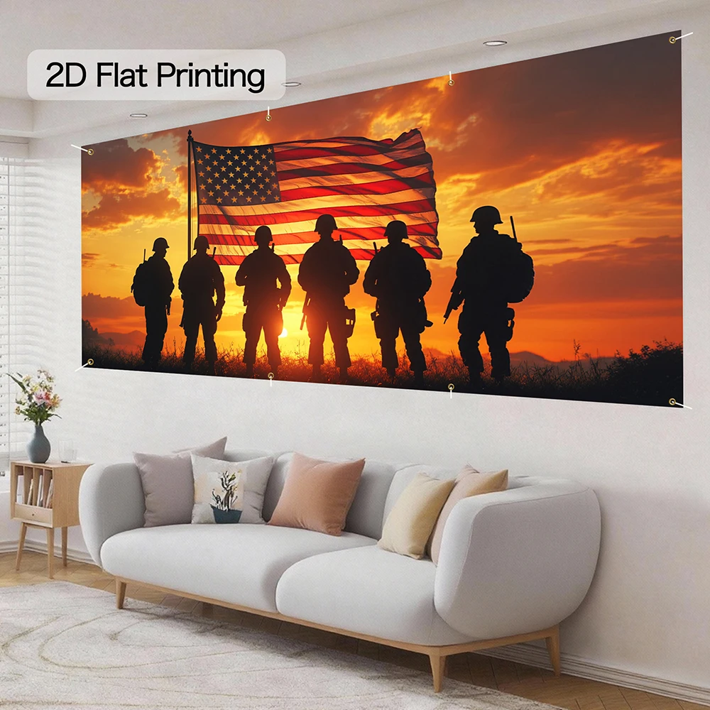 1pc Patriotic Garage Door Banner 13x6FT Large American Flag with Soldiers Polyester Backdrop Memorial Day & Events Wall Decor