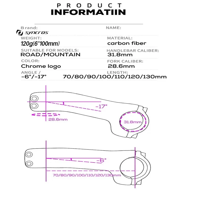 سينكروس الكربون الجذعية دراجة الطريق الجبلية الجذعية -6 ° -17 ° الدراجة الجبلية Mtb 70/80/90/100/110/120/130 مللي متر أجزاء مقود إطار دراجة الطريق #2
