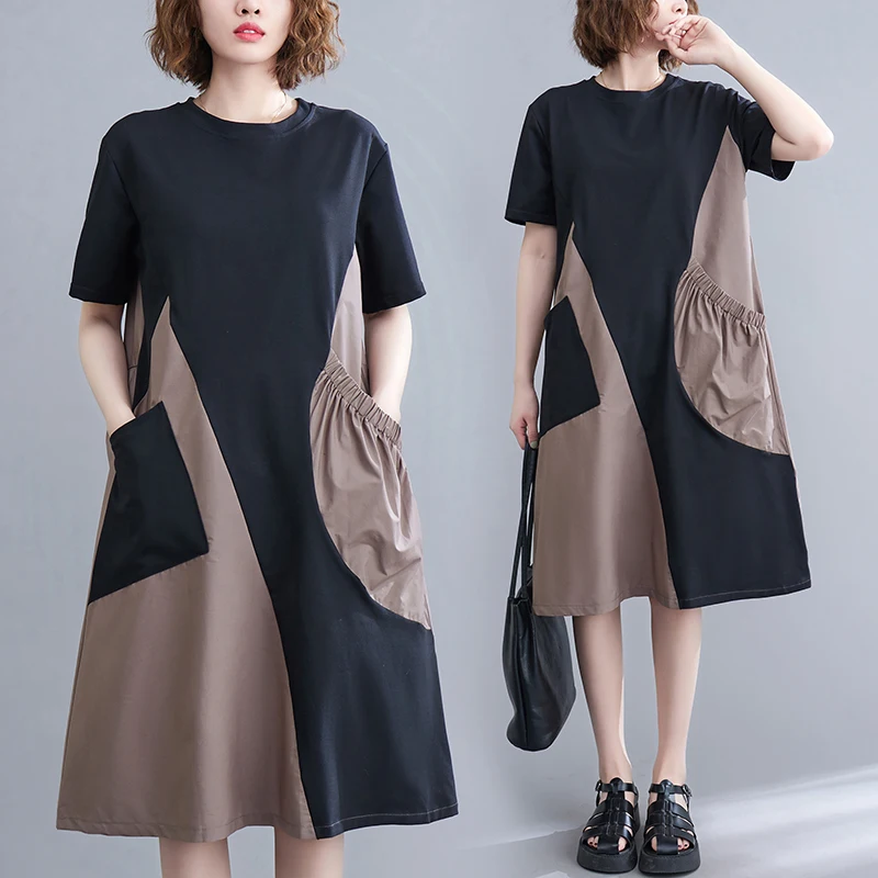 

Новое летнее женское свободное трикотажное платье больших размеров, круглое платье миди цвета Ne, модный эффект для похудения, поездка на работу